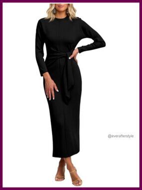 Women's Long Sleeve Maxi Dress Bodycon Tie Waist Crew Neck Fall Cocktail Party